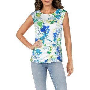 Calvin Klein Womens Petite Floral Print Pleat Neck Comfort Top Blue Size L NWT